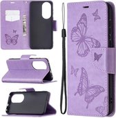 Voor Huawei P50 Twee vlinders reliëfpatroon horizontaal flip lederen hoesje met houder & kaartsleuf & portemonnee & lanyard (paars)