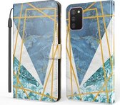 Voor Samsung Galaxy A02s / M02s Marmer Horizontale Flip TPU + PU lederen tas met houder & kaartsleuven & portemonnee & fotolijst & lanyard (blauw wit)