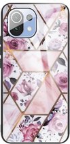 Voor Geschikt voor Xiaomi Mi 11 Abstract Marble Pattern Glass beschermhoes (Rhombus Rose)