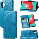 Voor Samsung Galaxy A32 4G Vlinder Liefde Bloem Reliëf Horizontale Flip Lederen Case met Beugel / Kaartsleuf / Portemonnee / Lanyard (Blauw)