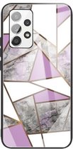 Voor Samsung Galaxy A52 5G / 4G Abstract Marble Pattern Glass beschermhoes (Rhombus Grey Purple)