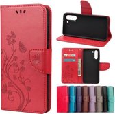 Voor Samsung Galaxy S21 FE vlinderbloempatroon horizontale flip lederen tas met houder & kaartsleuven en portemonnee (rood)