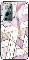 Voor One Plus 9 Pro Abstract Marble Pattern Glass beschermhoes (Rhombus White Purple)