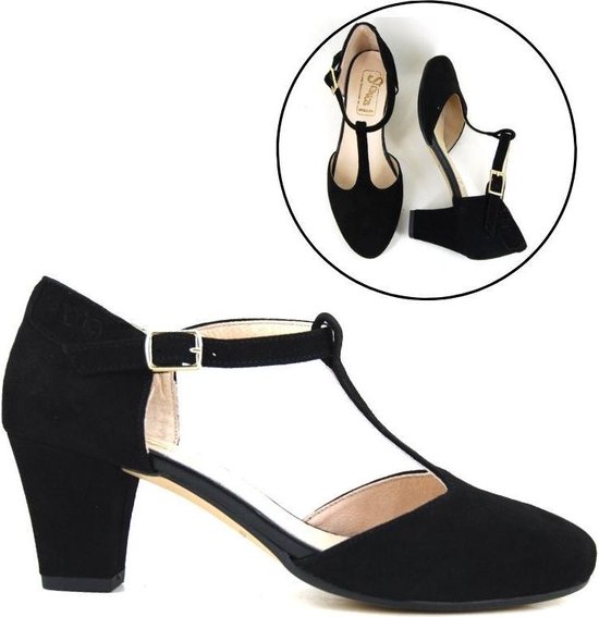 Stravers - Pumps met T-Bandje Maat 46 Zwart Suede Grote Maten Damesschoenen  | bol.com