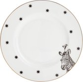 Yvonne Ellen Mono set van 4 porseleinen zwart-wit-gouden taartbordjes met teckel, dolfijn, flamingo en zebra