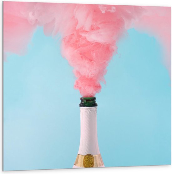 Dibond - Roze Wolken uit Champagnefles - 100x100cm Foto op Aluminium (Met Ophangsysteem)