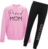 Dames joggingpak roze-zwart-proud mom met kindernaam/namen-Maat Xl