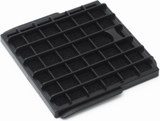 Zwart HEPA 13 filter met rasterpatroon voor een stofzuiger.