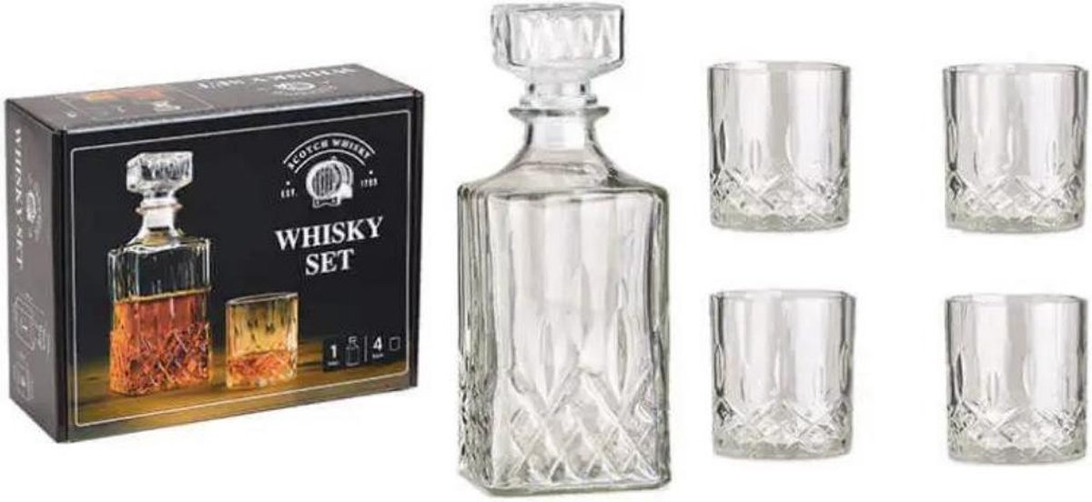 Scotch Whisky - Kado set 5 - 1 Karaf - 4 Glazen - Glas - Cadeau - Gift Box Alcohol Drank Fles - Whiskykaraf - Cadeautip Karaf Whiskey - Relatiegeschenken - Giftbox