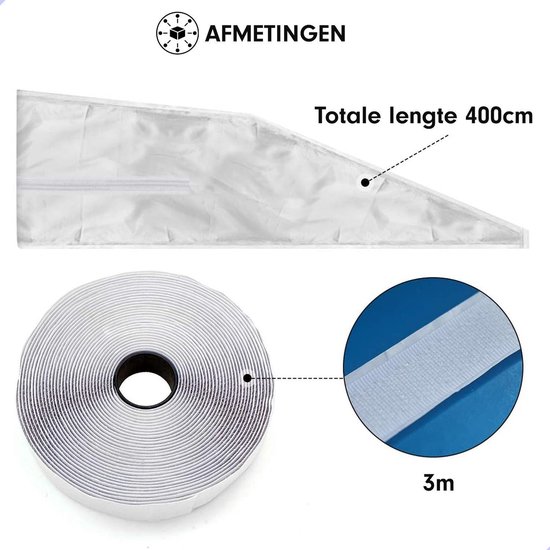 Afmetingen raamafdichtingskit: totale lengte 400cm, rol klittenband 3m.