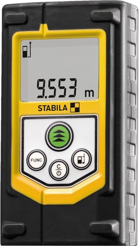 Gedetailleerde opname van een zwarte en gele Stabila afstandsmeter met een digitaal display.