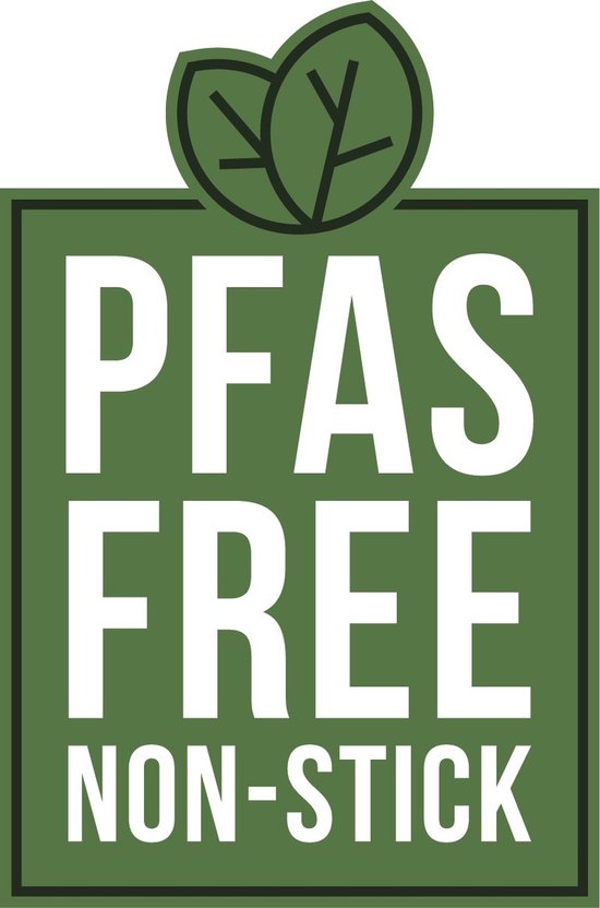 Groene sticker met tekst 'PFAS FREE NON-STICK' en twee blaadjes.