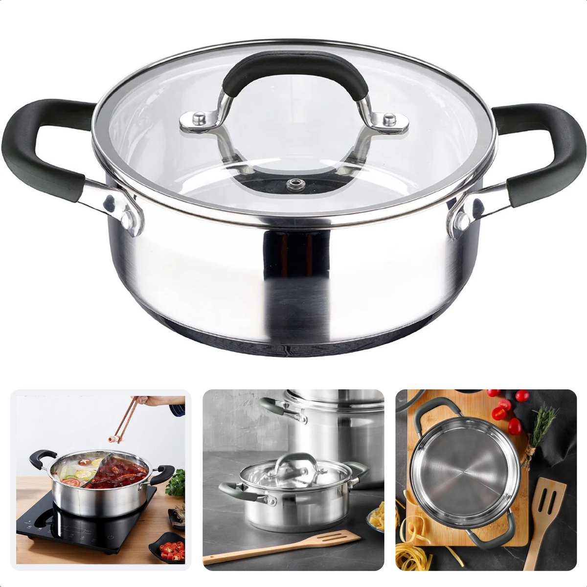 RVS Kookpan voor Inductie - 20 cm - Met Deksel - 2.3L Capacieit
