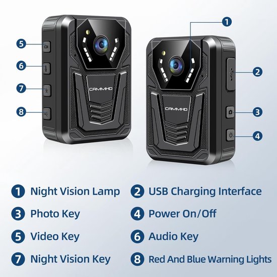 CAMMHD V8 Pro 128GB 2160P Body Cam 42MP wasserdicht Loop-Aufnahme 2 * 2200mAh Batterien mit 10 Stunden Bodycam körperkamera Polizei mit tragbarer Audio- und Videoaufzeichnung für die Tagungen/Wandern