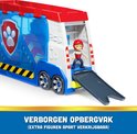 De achterkant van de PAW Patrol Patroller met een verborgen opbergvak en Ryder met zijn rode ATV.