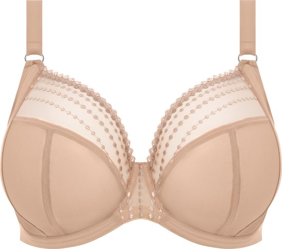 Nude plunge bh met transparante mesh cups, versierd met stippen en decoratieve naden.
