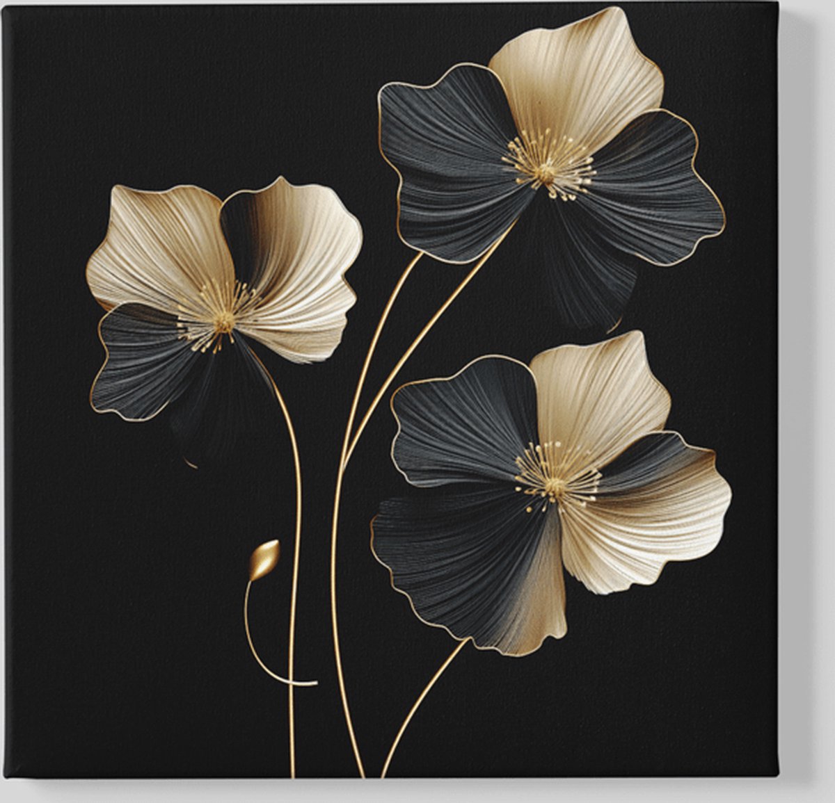 Trendex Global Vierkant Canvas Schilderij - Bloemen - Bloem - Zwart en Goud - 60x60x2 cm