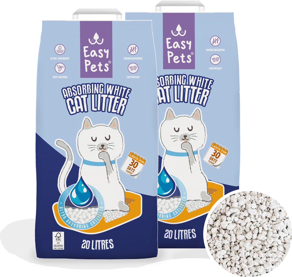 EasyPets Kattenbakvulling 2x 20L - Absorberend Wit - Extra Geurcontrole - Catsanitaire Hygiëne