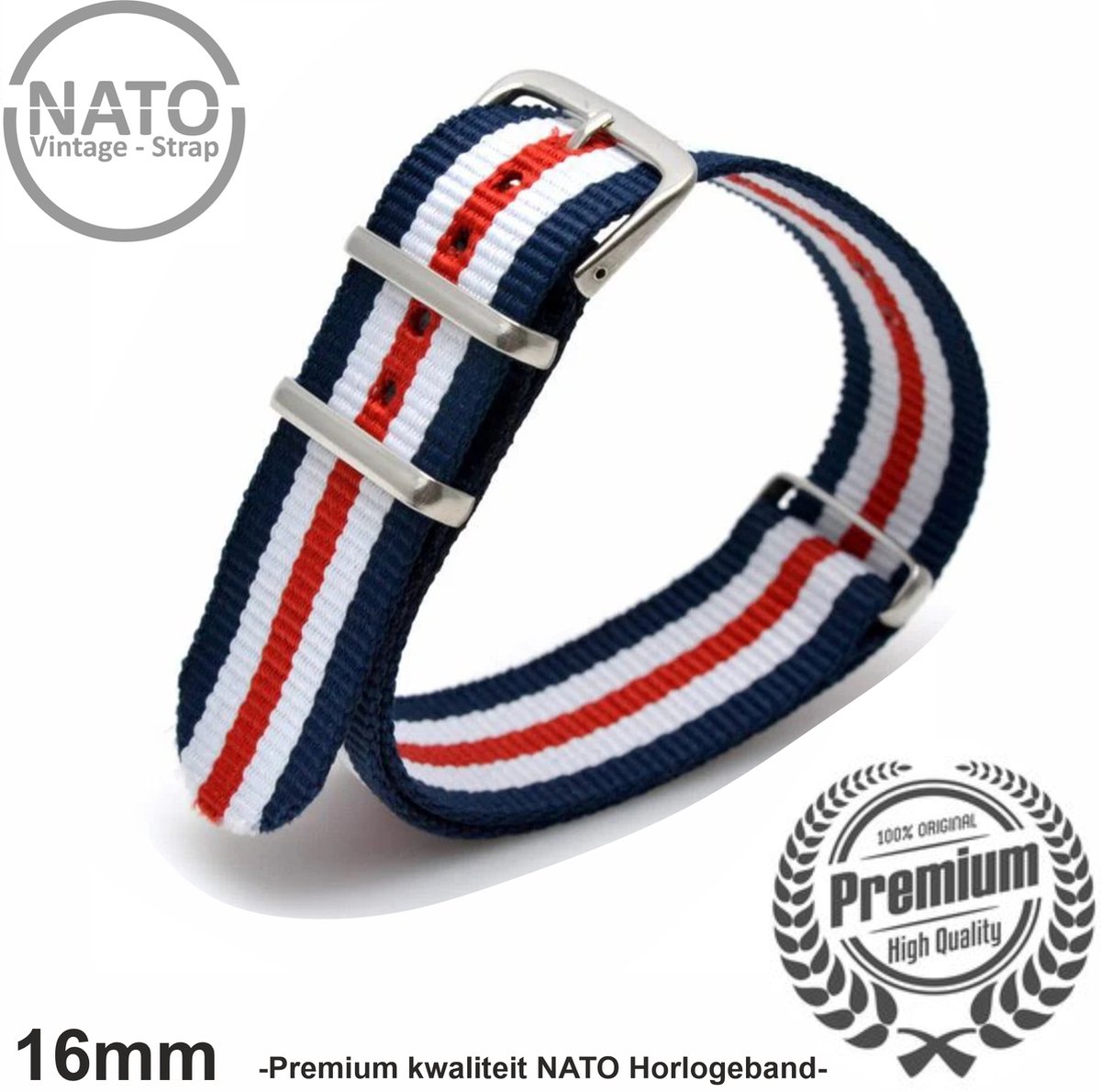 16mm Premium Nato Strap Rood Wit Blauw Gestreept - Vintage James Bond - Nato Strap collectie - Heren- Horlogeband - 16 mm bandbreedte voor oa. Seiko Rolex Omega Casio en Citizen