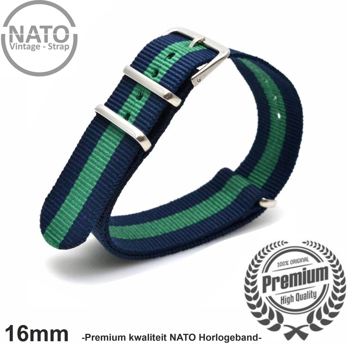 16mm Premium Nato Strap Blauw Groen - Vintage James Bond - Nato Strap collectie - Heren - Horlogeband - 16 mm bandbreedte voor oa. Seiko Rolex Omega Casio en Citizen