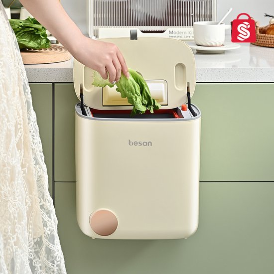 Prullenbak - Compostbak - Afvalbakje - GFT afvalbakje - GFT Bakje - aanrecht - keukenkastje - binnenemmer – klein - Beige – 9L