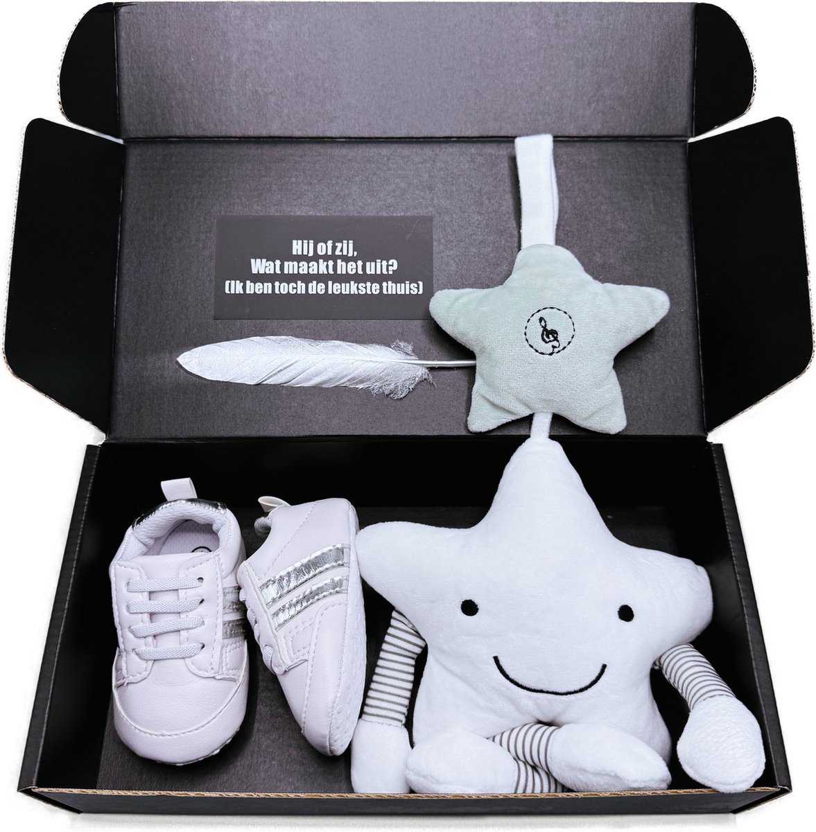 Goedkoopste Kraamcadeau HIJ of ZIJ - genderreveal babyshower kraamkado - zwangerschapskado - babysneaker - muziekmobiel - rechtstreeks versturen ook mogelijk