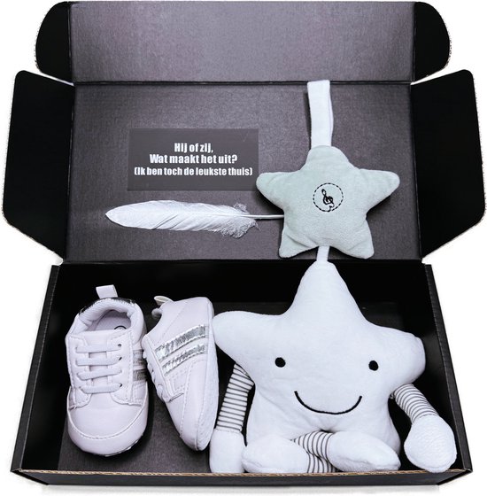 Zwart open doos met witte baby sneakers, een witte knuffelster en een mintgroene mobiel in sterrenvorm. Tekst: 'Hij of zij, Wat maakt het uit?'
