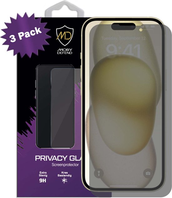 3-Pack MobyDefend iPhone 15 Screenprotectors - HD Privacy Glass Screensavers - Glasplaatjes Geschikt Voor: iPhone 15
