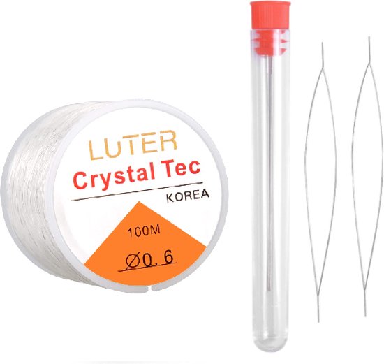 Rol transparant elastisch draad van 0,6 mm van Crystal Tec, met een naald in een kokertje.