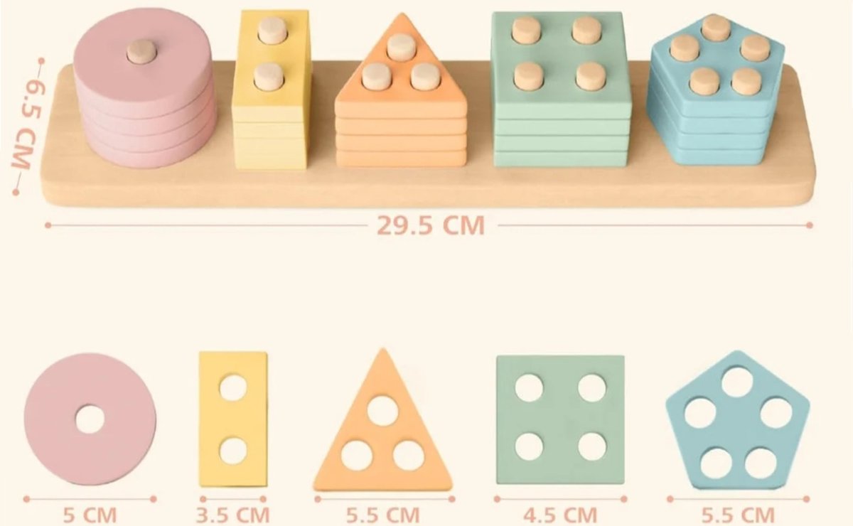 WoodyDoody Montessori Vormen Sorteerspel Sensorisch Speelgoed Vormenstoof - Houten Speelgoed - Montessori Speelgoed voor Motoriek - Educatief Spel van Hout - STEM Speelgoed Vormenstoof met Pastelkleuren - Geometrische Blokken — afbeelding 4