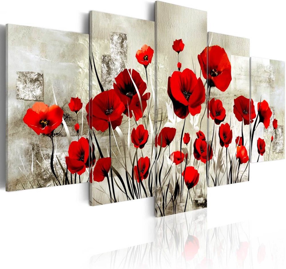 karo-art Schilderij - Rode Klaprozen Veld, 5luik, print op echt Italiaans canvas, 2 maten, wanddecoratie Multikleur