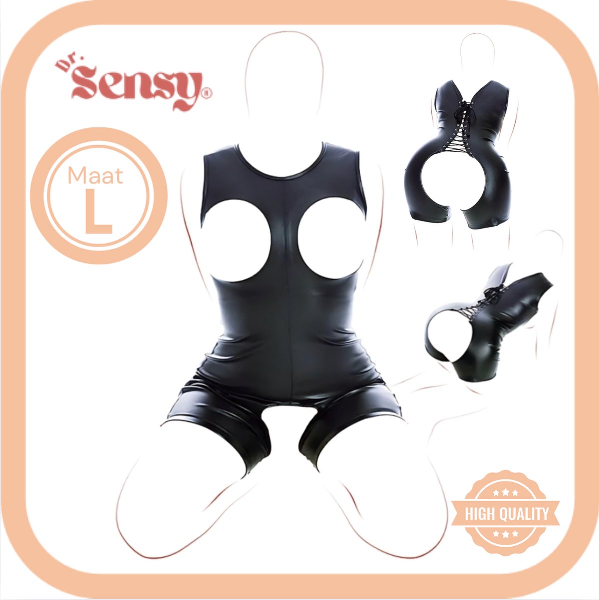 Goedkoopste Dr. Sensy Leren Seks Pakje Open - Zwart - Leer - Maat L - Open Kruis, Borsten & Billen - Roleplay - BDSM - SM - Lingerie
