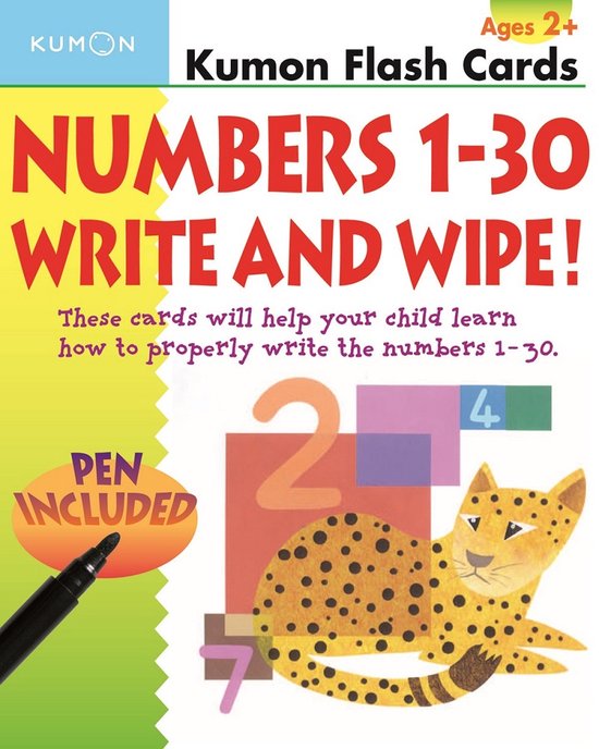 Kumon Flash Cards, NUMBERS 1-30 WRITE AND WIPE! met een pen inbegrepen. Inclusief getallen en een cheetah.