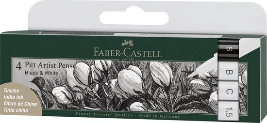 Faber-Castell Pitt Artist Pen 4-pack met 4 zwarte en witte pennen, met tulpen illustratie.