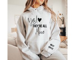 Dames hoodie-cadeau voor haar-cadeau kerstmis-moederdag kado-gepersonaliseerde hoodie voor mama-yes they're all mine met kindernaam of kindernamen op de mouw-Lichtgrijs-Maat M