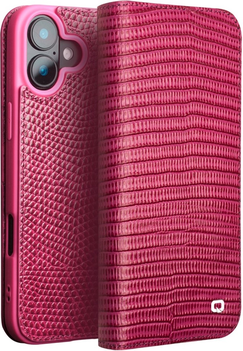 Qialino Geschikt voor iPhone 16 Plus hoesje - Leren bookcase - Croco Roze