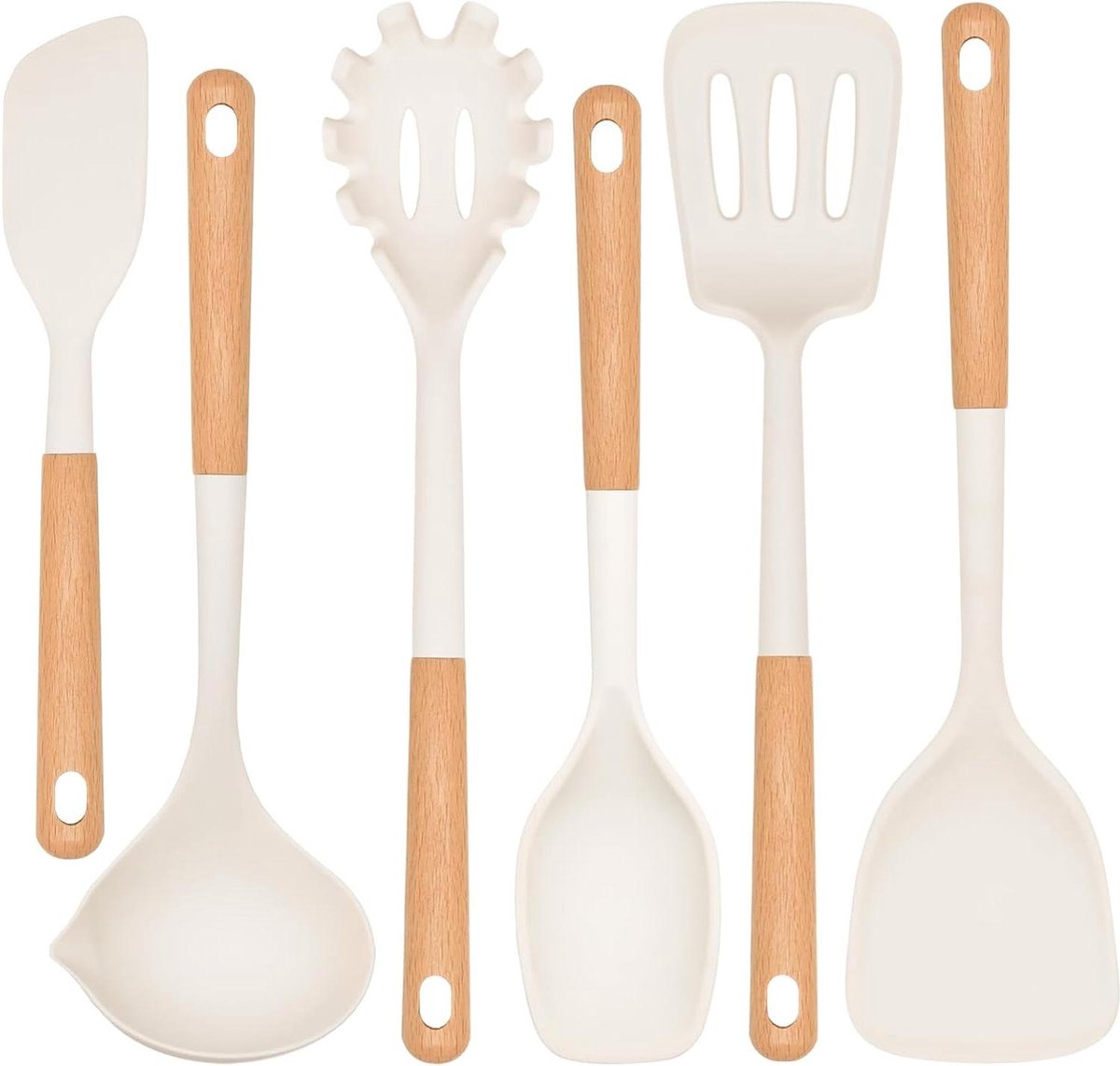 Keukengereiset met houder - anti-aanbaklaag - hittebestendig - koken - wit - 6 stuks.