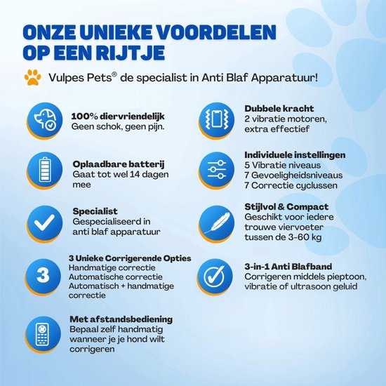 Lijst met voordelen van de Vulpes Pets anti blafband: diervriendelijk, dubbele kracht, individuele instellingen, oplaadbare batterij.