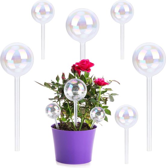 Tomorotec Iridescente glazen zelfbewaterende bollen 6-pack (3 groot 3 klein), decoratieve handgeblazen regenboog glazen waterbolletjes, automatische irrigatie voor binnen- en buitenplanten