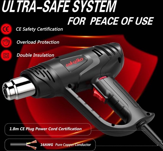 AIUNAOM Heetluchtpistool 2000W met 9 temperatuurinstellingen (50℃-650℃), 6 accessoires, oververhittingsbeveiliging en keramisch verwarmingselement, Geschikt voor verwarmen, lassen en ontdooien