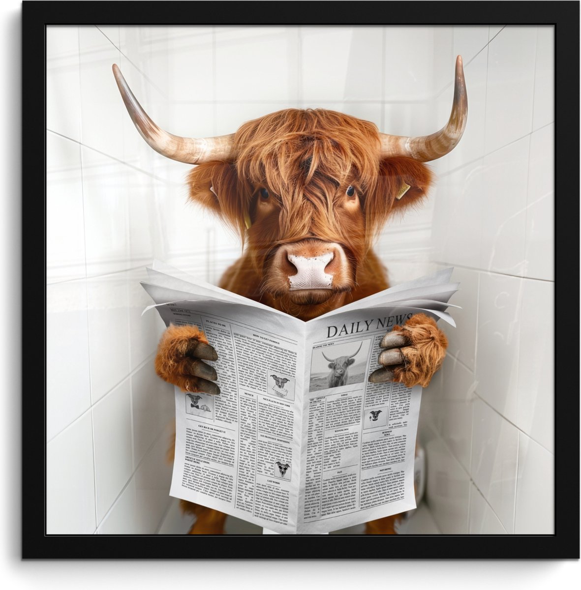 FrameYourWall Poster in lijst - Fotolijst 40x40 cm - Posters - Schotse Hooglander - Dier - Krant - Toilet - Posterlijst zwart - Wanddecoratie badkamer - Muurdecoratie WC - Decoratieve accessoires - Toilet muur decoratie Schotse hooglander - WC