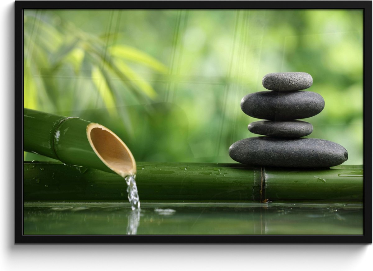 FrameYourWall Poster in lijst - Fotolijst 90x60 cm - Posters - Zen - Stenen - Groen - Natuur - Bamboe - Posterlijst zwart - Wanddecoratie badkamer - Muurdecoratie WC - Decoratieve accessoires - Toilet muur decoratie