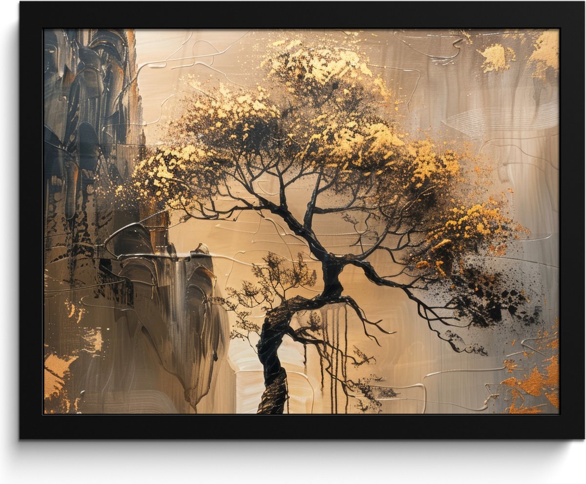 FrameYourWall Poster in lijst - Fotolijst 40x30 cm - Posters - Boom - Goud - Landschap - Verf - Posterlijst zwart - Decoratie - Wanddecoratie woonkamer - Muurdecoratie slaapkamer