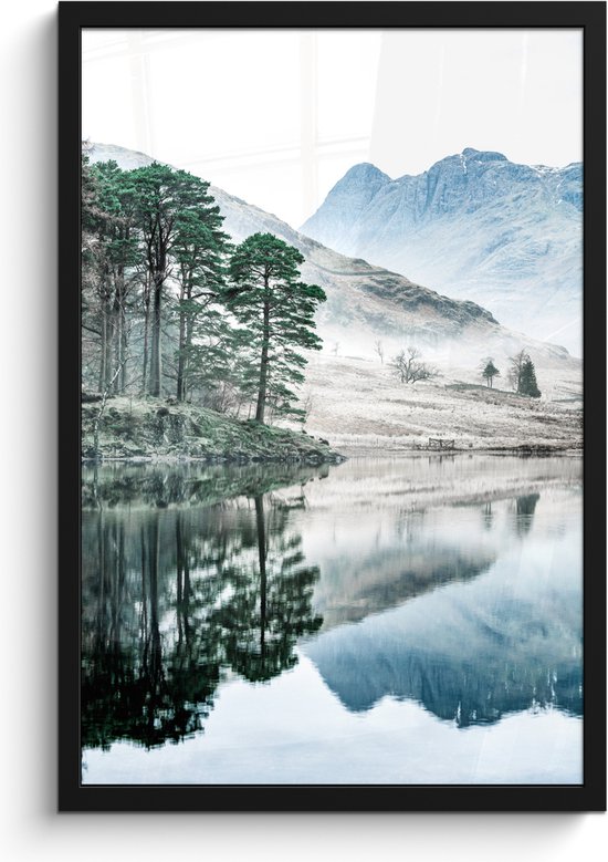 Poster in lijst - Fotolijst 40x60 cm - Posters - Natuur - Winter - Bergen - Bos - Posterlijst zwart - Decoratie - Wanddecoratie woonkamer - Muurdecoratie slaapkamer