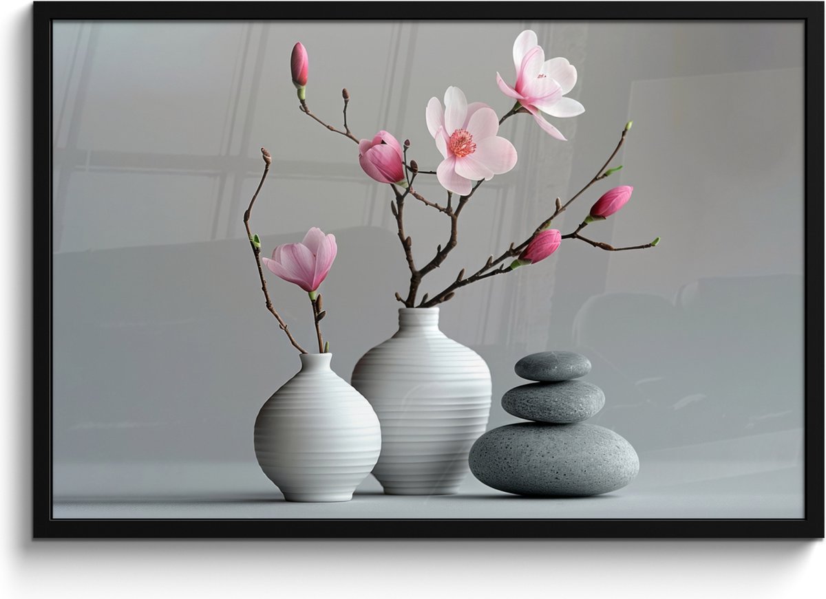 FrameYourWall Poster in lijst - Fotolijst 90x60 cm - Posters - Magnolia - Bloemen - Roze - Zen stenen - Posterlijst zwart - Wanddecoratie badkamer - Muurdecoratie WC - Decoratieve accessoires - Toilet muur decoratie Bloemen - Vaas