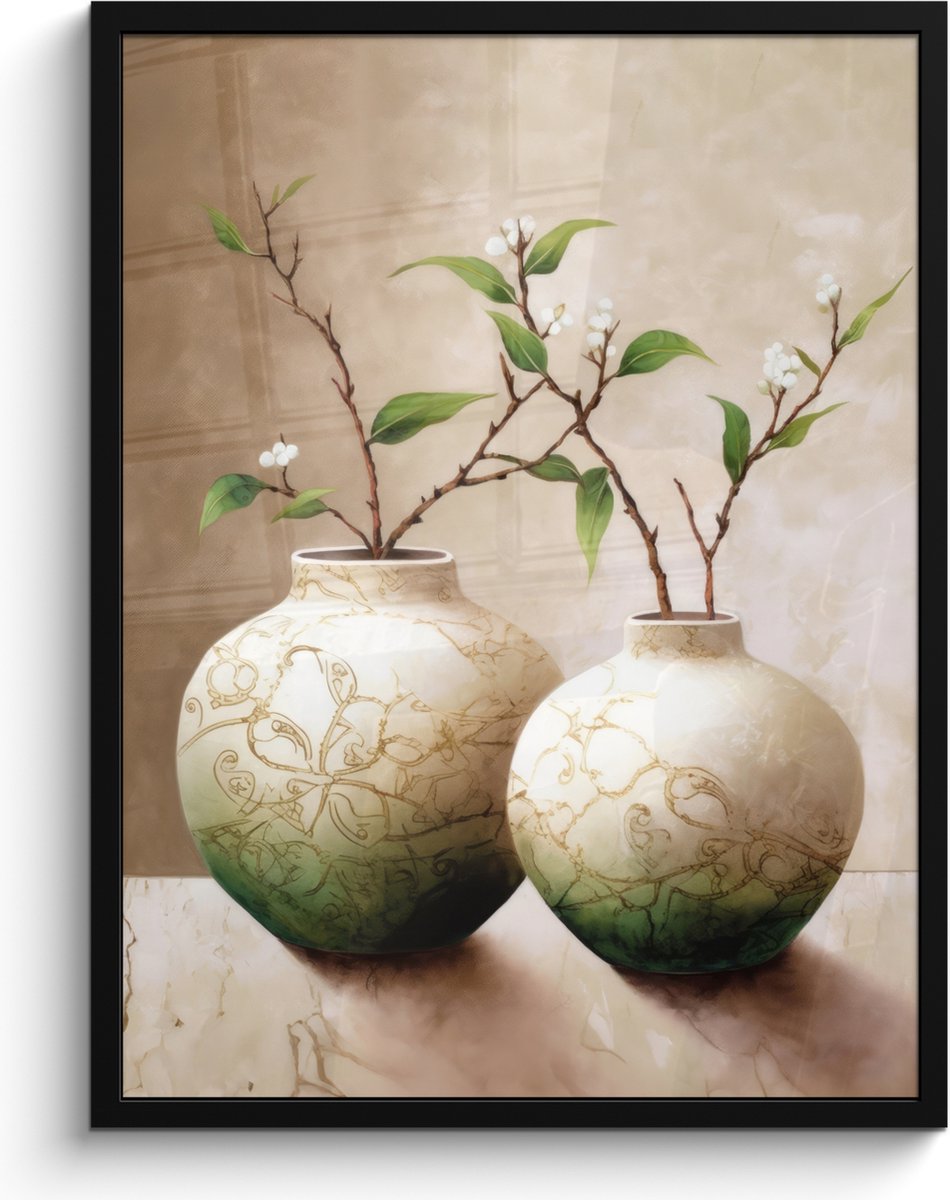 FrameYourWall Poster in lijst - Fotolijst 60x80 cm - Posters - Bloemen - Vaas - Wit - Botanisch - Beige - Posterlijst zwart - Wanddecoratie badkamer - Muurdecoratie WC - Decoratieve accessoires - Toilet muur decoratie Beige - Vazen