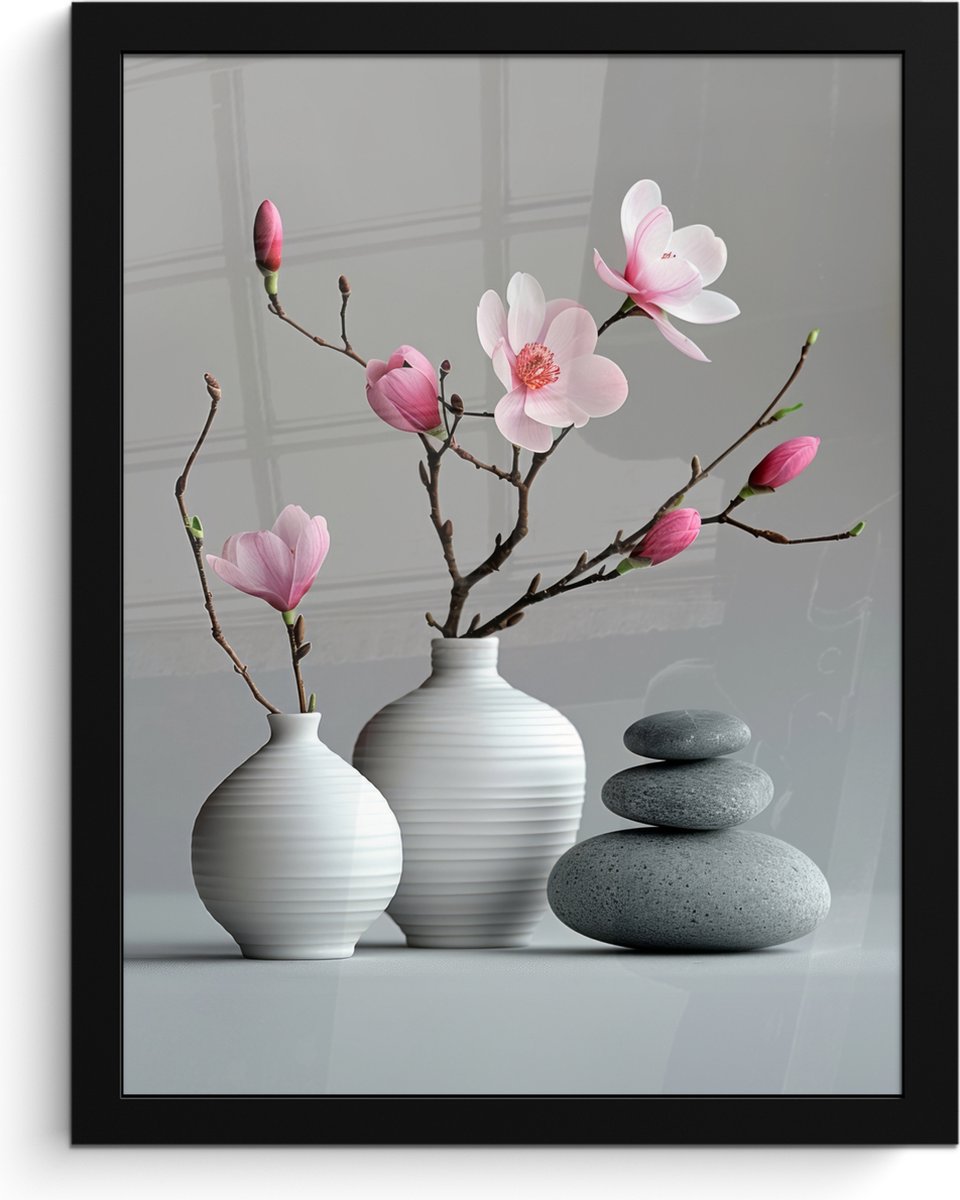 FrameYourWall Poster in lijst - Fotolijst 30x40 cm - Posters - Magnolia - Bloemen - Roze - Zen stenen - Posterlijst zwart - Wanddecoratie badkamer - Muurdecoratie WC - Decoratieve accessoires - Toilet muur decoratie Bloemen - Vaas