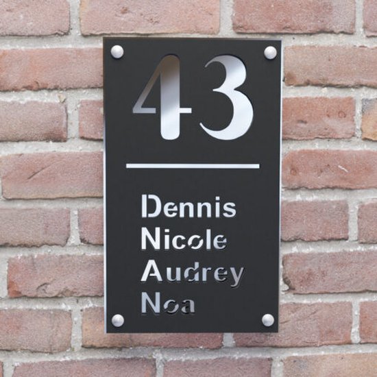 Plaque signalétique de porte d'entrée - Plaque numéro de maison - Rectangle debout - 25x15 - noir/argent - Entretoises inox