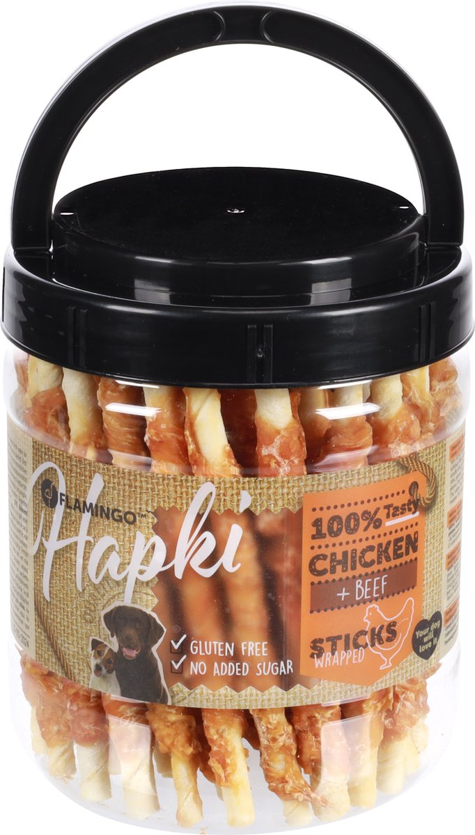 Hondensnack – R’Hide staaf wit met kip – hondensnacks – honden snacks – hondensnoepjes – glutenvrij – zonder toegevoegde suikers – 600g bewaaremmer