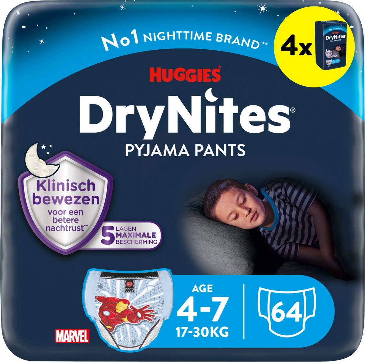 Goedkoopste Huggies DryNites luierbroekjes - jongens - 4 tot 7 jaar (17 - 30 kg) - 64 nachtbroekjes - extra voordeel